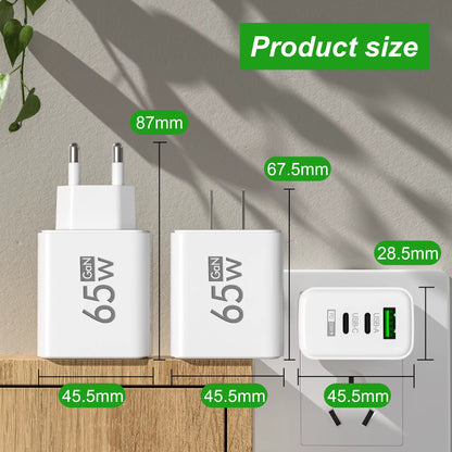 65W Gan Fast Charger USB Type C PD QC3.0 Quick Charging Charger Mobile Phone Adapter for Iphone 14 15 Pro Xiaomi Samsung Huawei