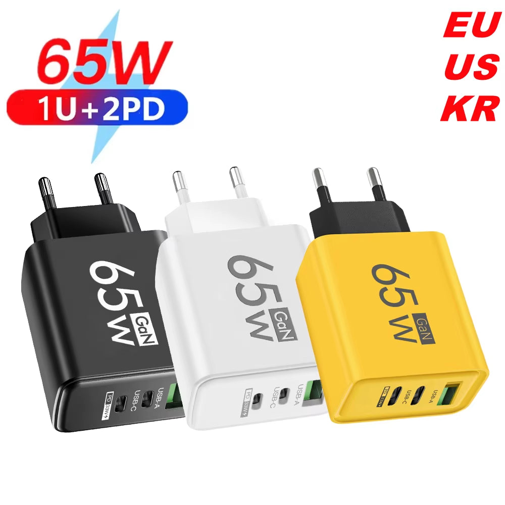 65W Gan Fast Charger USB Type C PD QC3.0 Quick Charging Charger Mobile Phone Adapter for Iphone 14 15 Pro Xiaomi Samsung Huawei