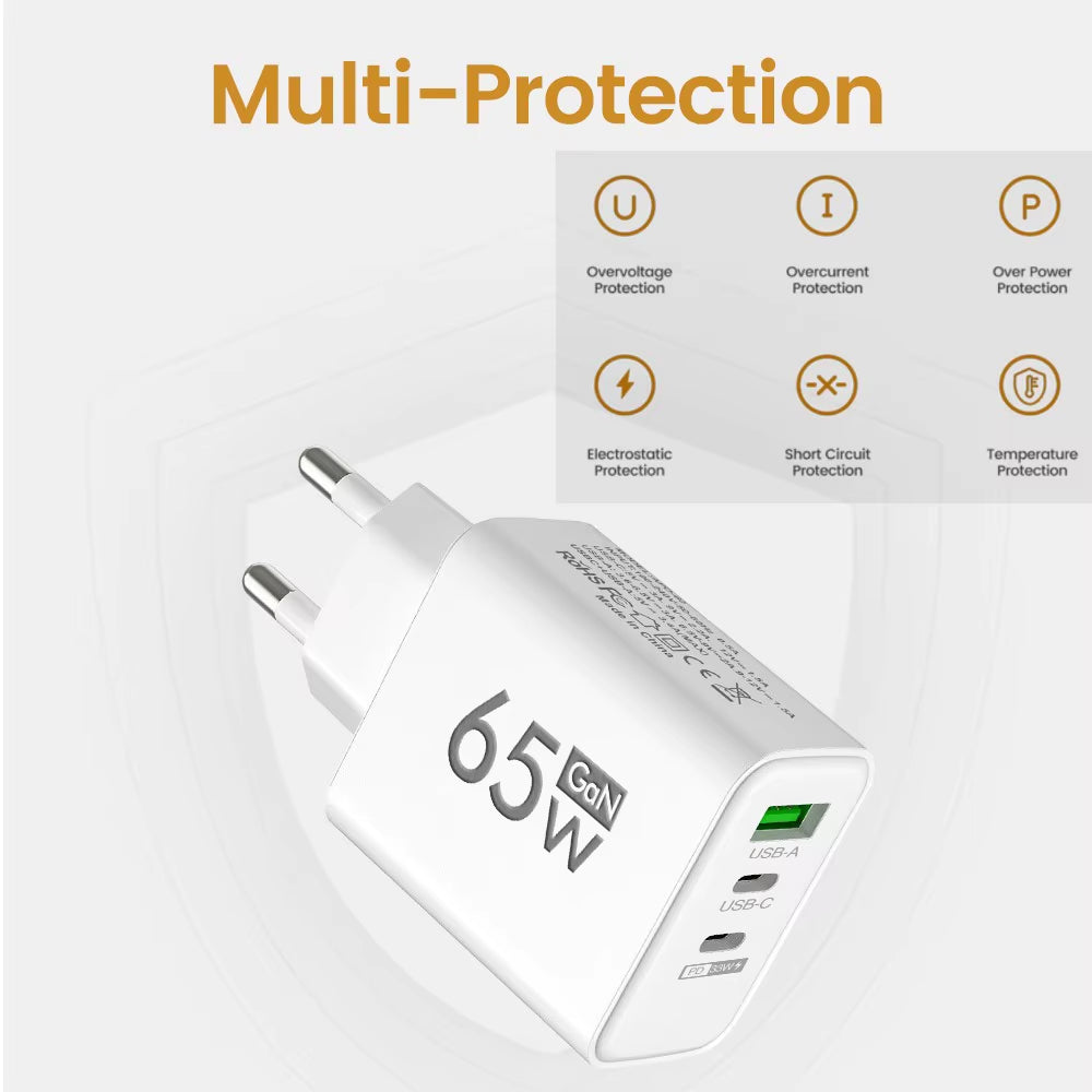 65W Gan Fast Charger USB Type C PD QC3.0 Quick Charging Charger Mobile Phone Adapter for Iphone 14 15 Pro Xiaomi Samsung Huawei